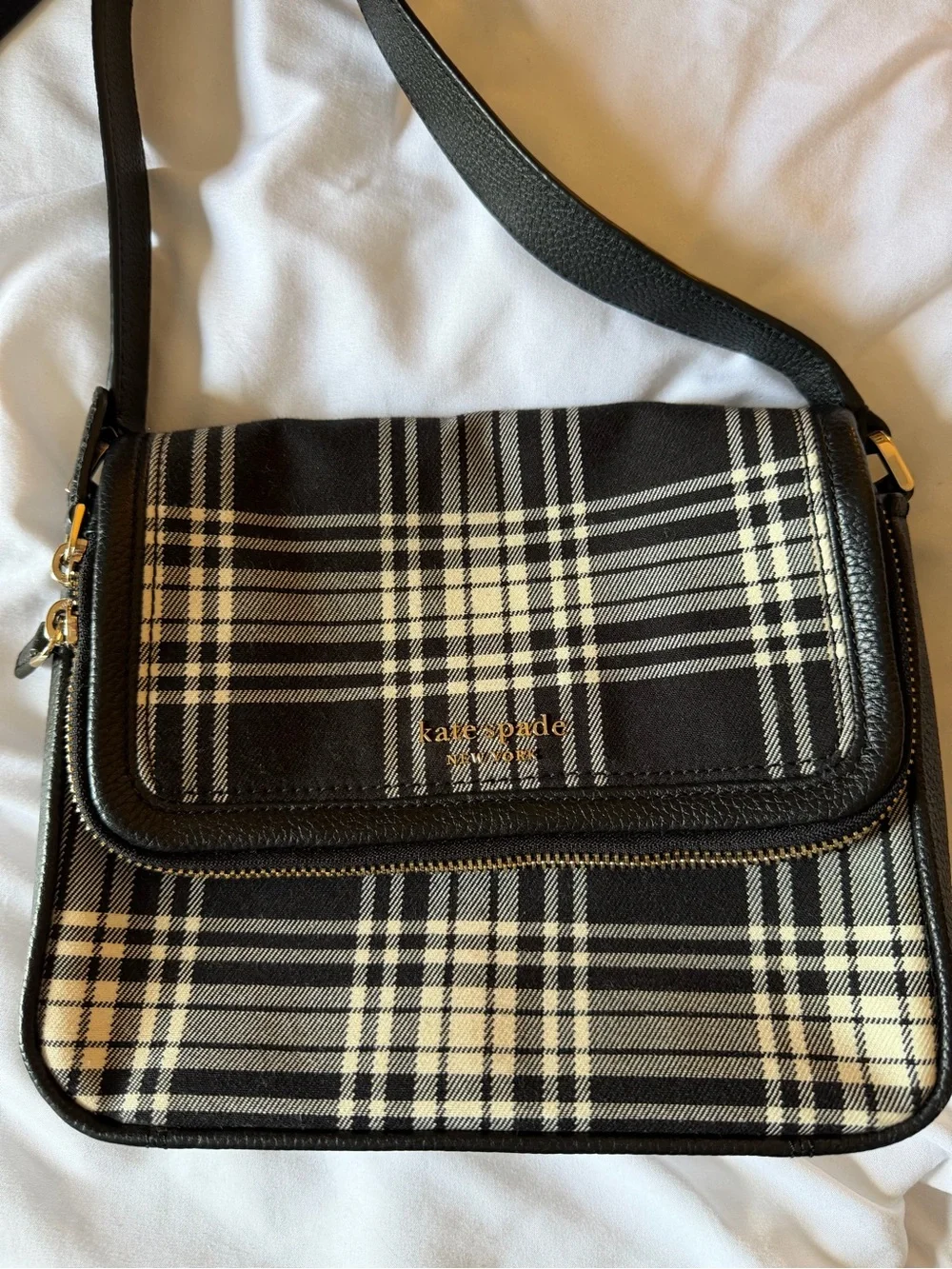kate spade Black and Cream Plaid Crossbody Shoulder Bag